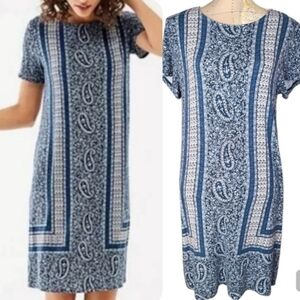J. Jill Size Medium Petite Blue Paisley Floral Jersey Knit Shift Dress Casual